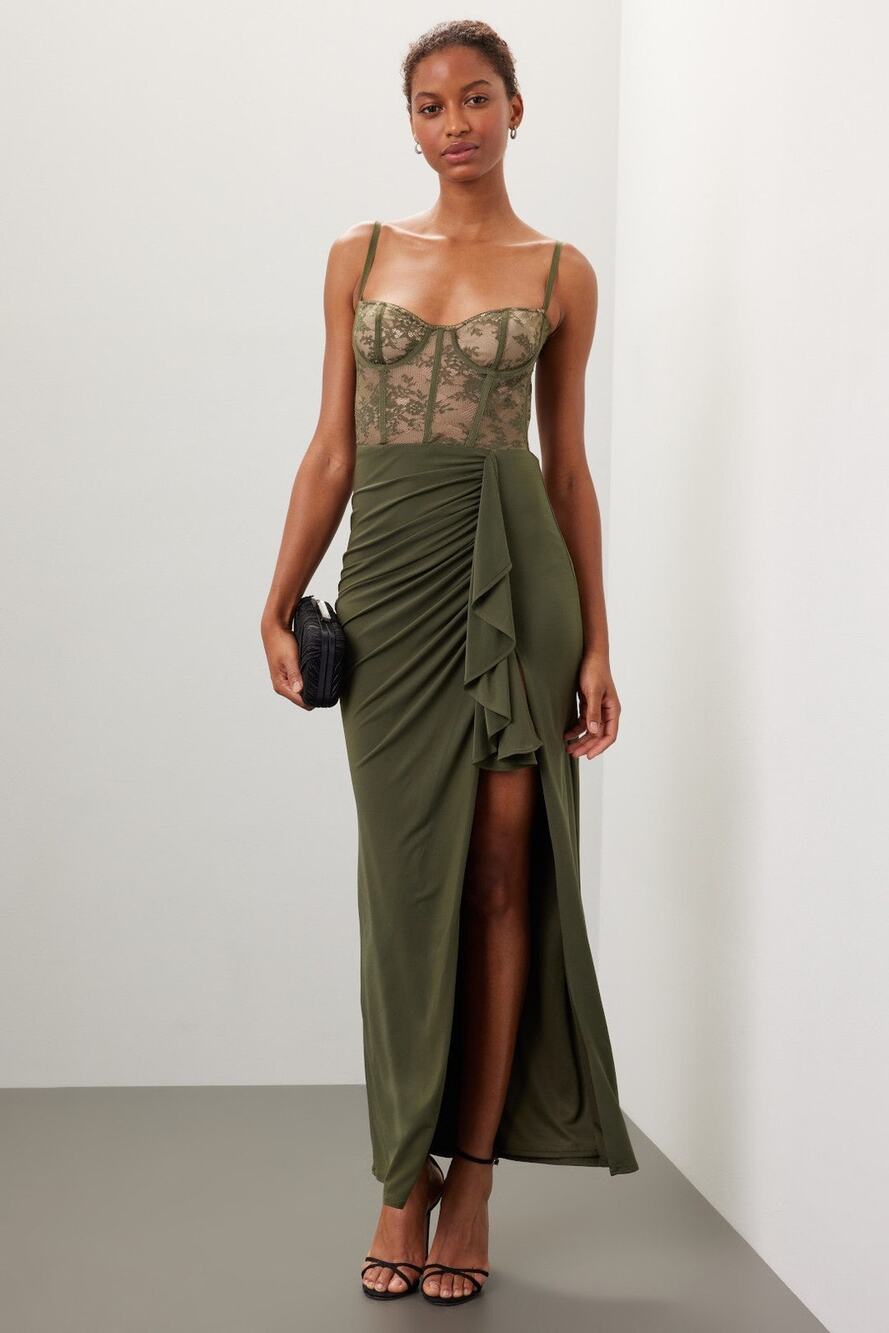 Katie May Willow Olive Green Lace Bustier Maxi Formal Gown Dress Sz XL
